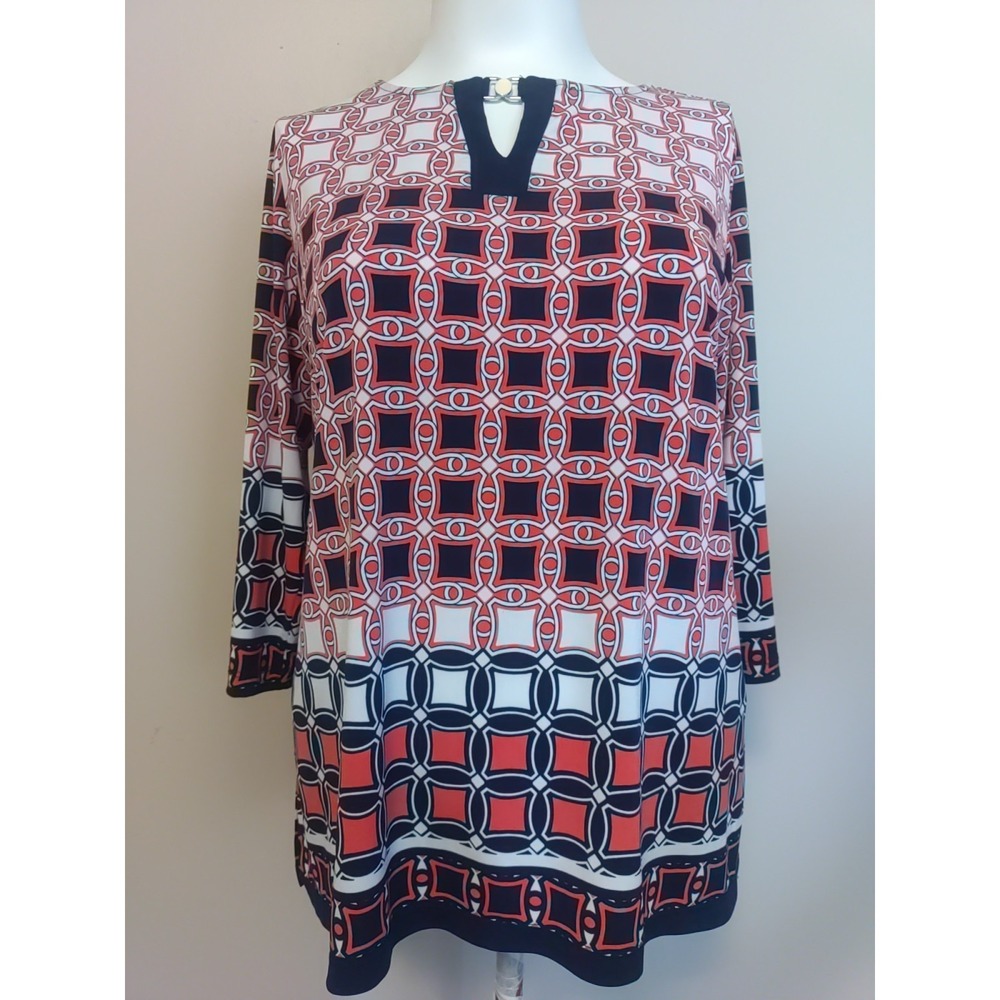 Susan Graver Red White Blue Geometric Pattern Yellow Charm Neckline Top Size L